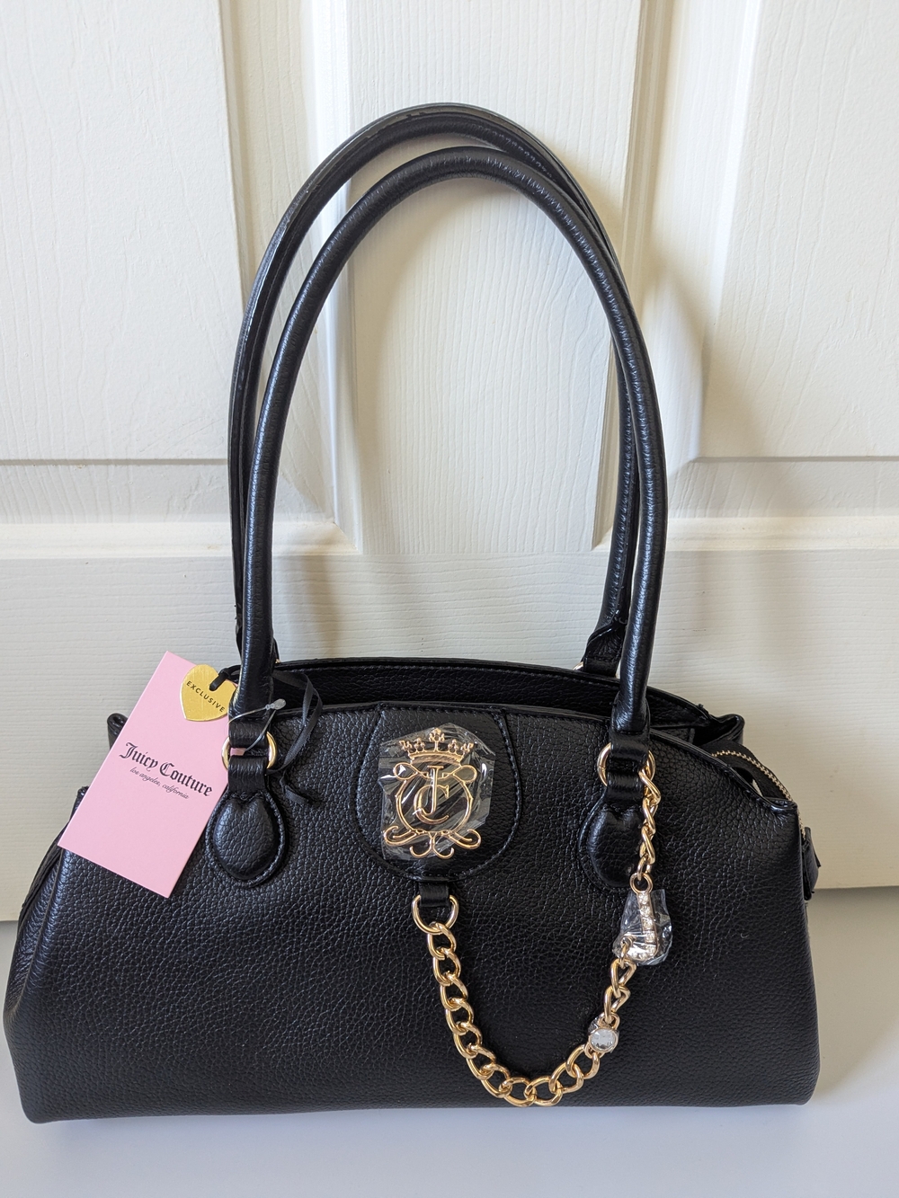 Juicy Couture Black Pebbled Leather Satchel with Gold Chain Accent
